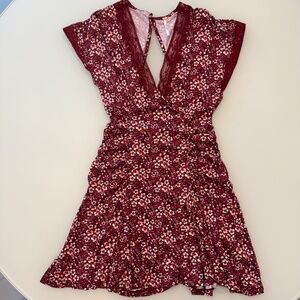 Free People - NWOT Burgundy Floral Lace Cutout Mini Dress Women's Size Small